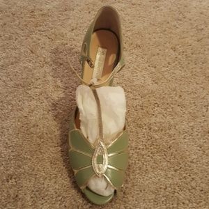 Rachel Simpson Mint/Silver Tstrap Kitten Heel